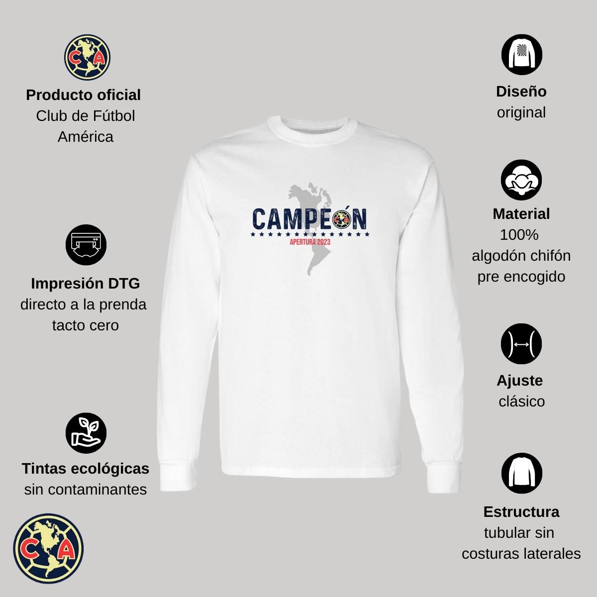 Playera Hombre América Manga Larga Campeón AP 2023