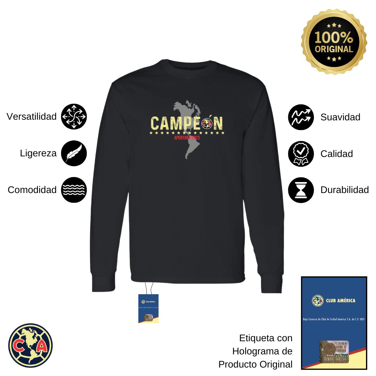 Playera Hombre América Manga Larga Campeón AP 2023