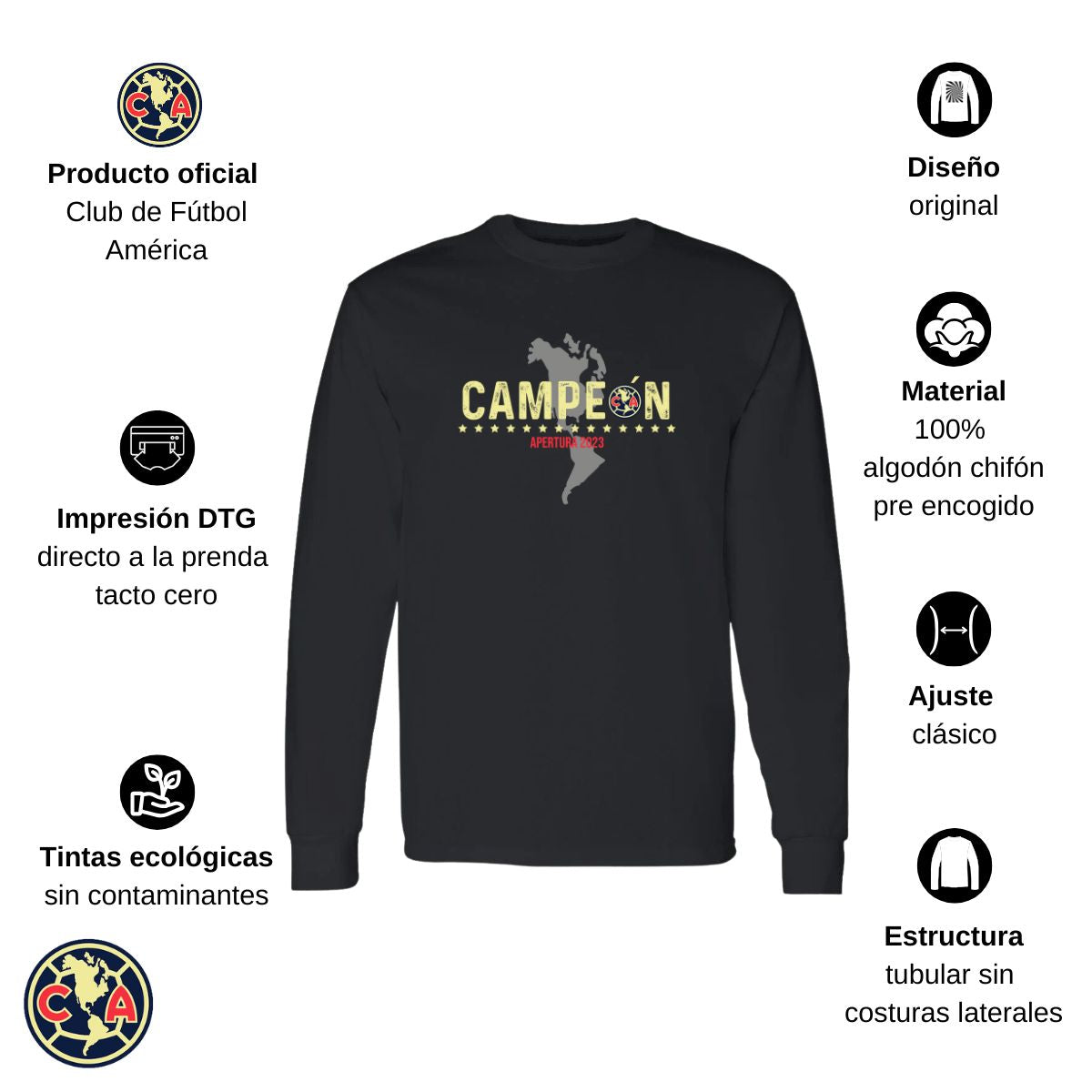 Playera Hombre América Manga Larga Campeón AP 2023