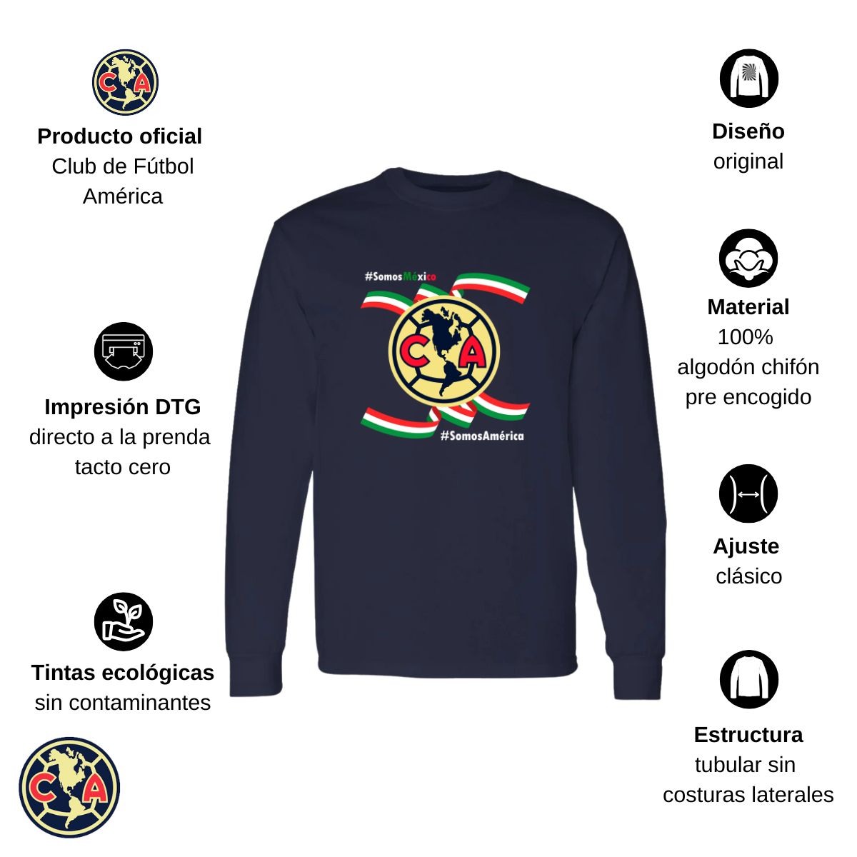 Playera Hombre América Manga Larga Independencia México