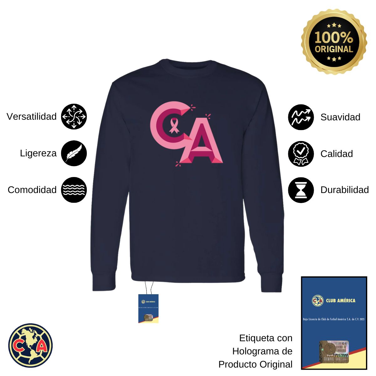 Playera Hombre América Manga Larga Mes Rosa