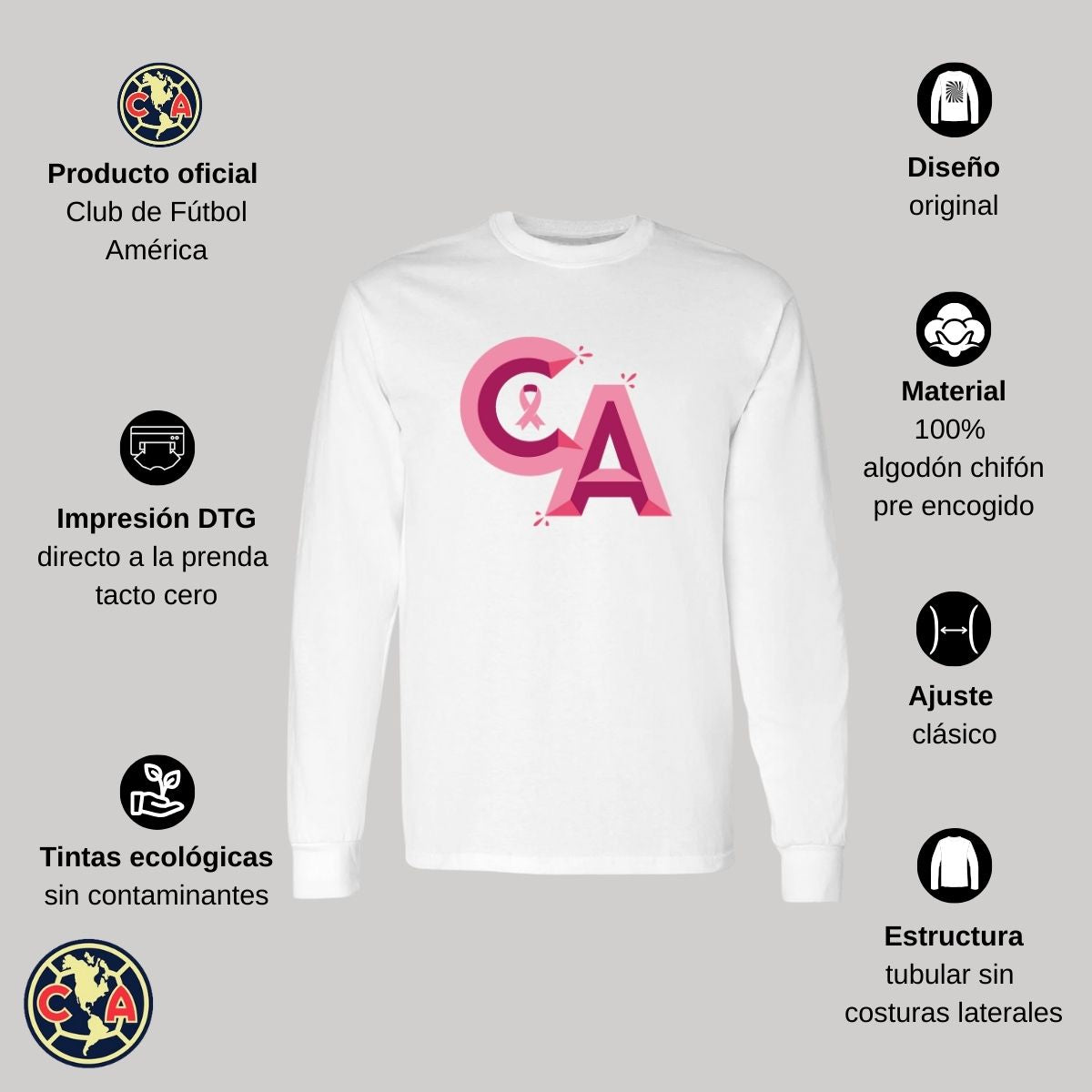 Playera Hombre América Manga Larga Mes Rosa