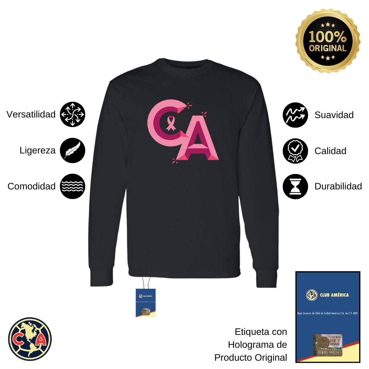 Playera Hombre América Manga Larga Mes Rosa