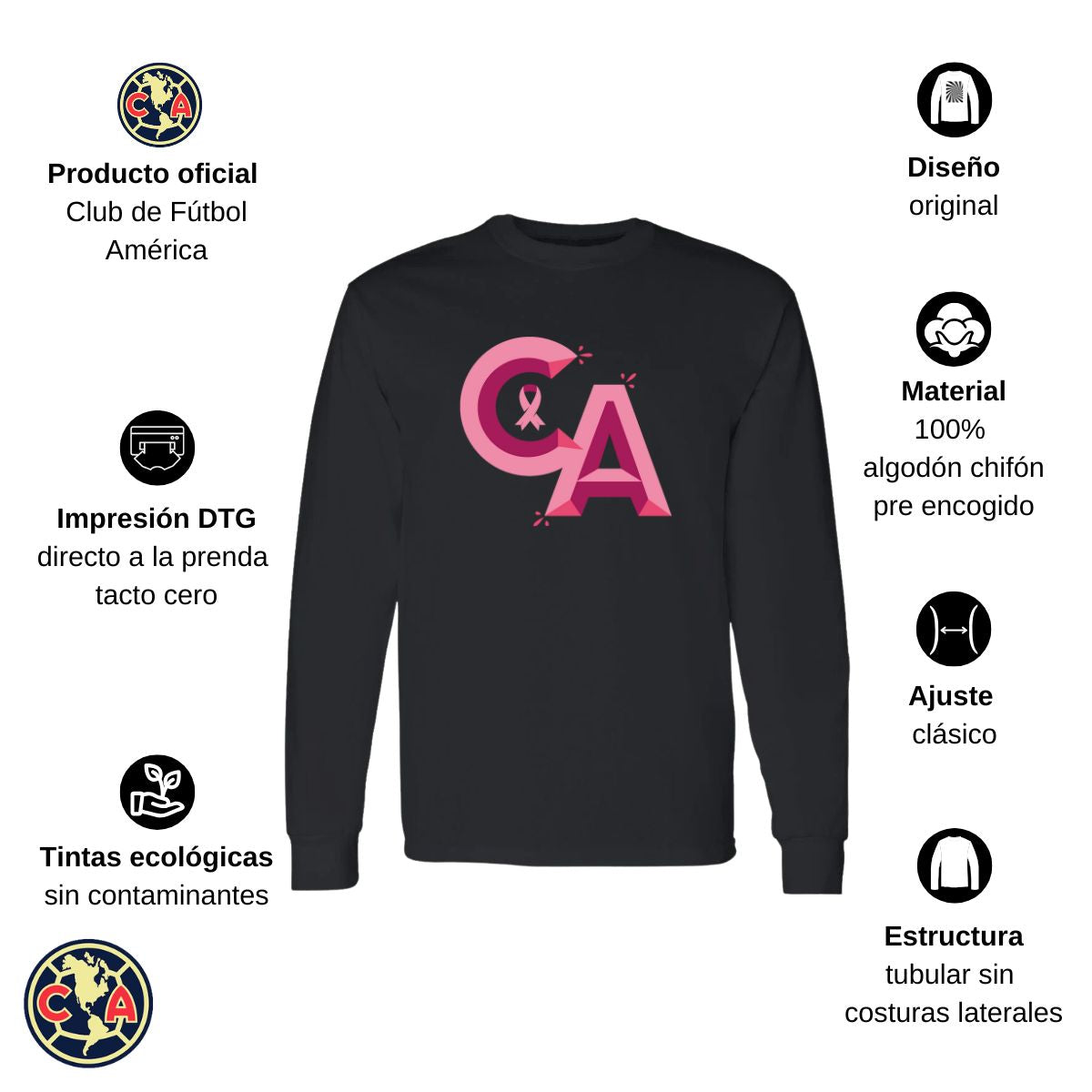 Playera Hombre América Manga Larga Mes Rosa