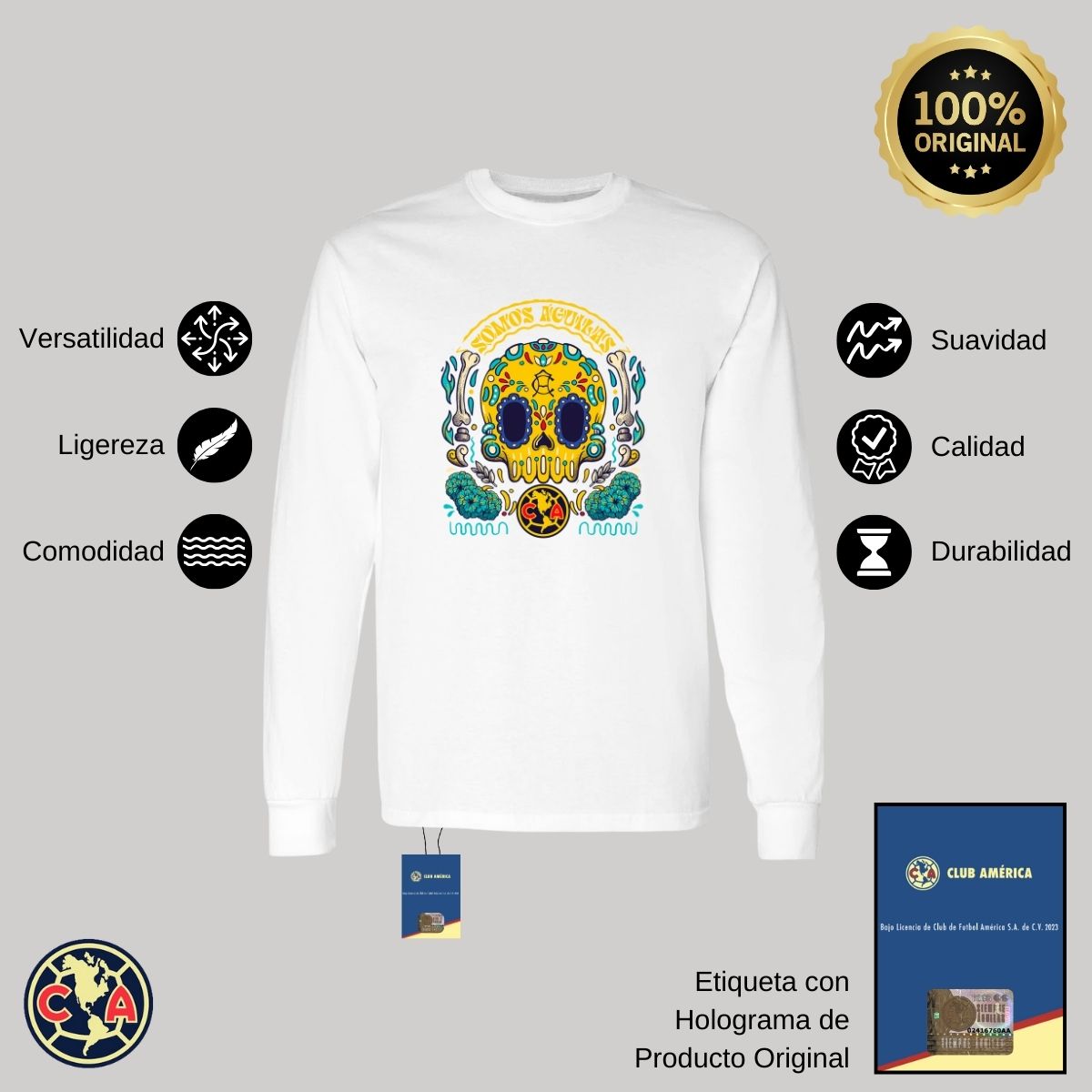 Playera Hombre América Manga Larga Día de Muertos