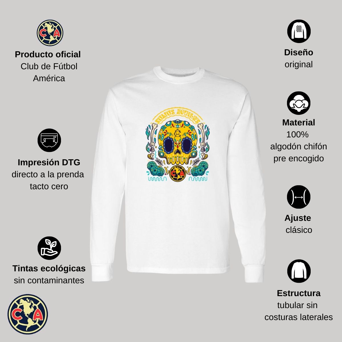 Playera Hombre América Manga Larga Día de Muertos