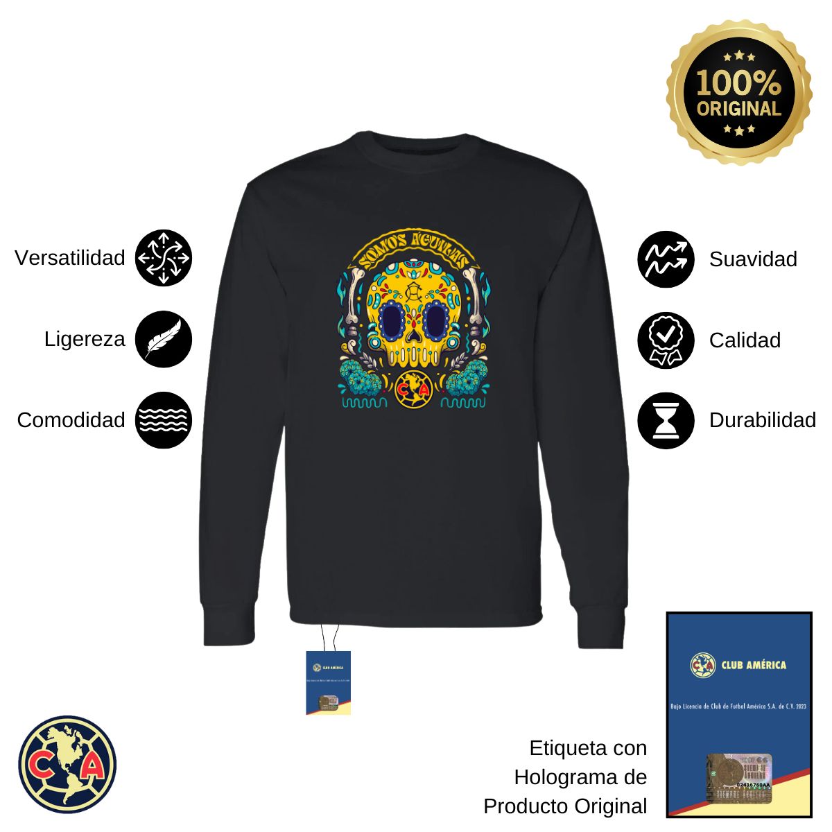 Playera Hombre América Manga Larga Día de Muertos