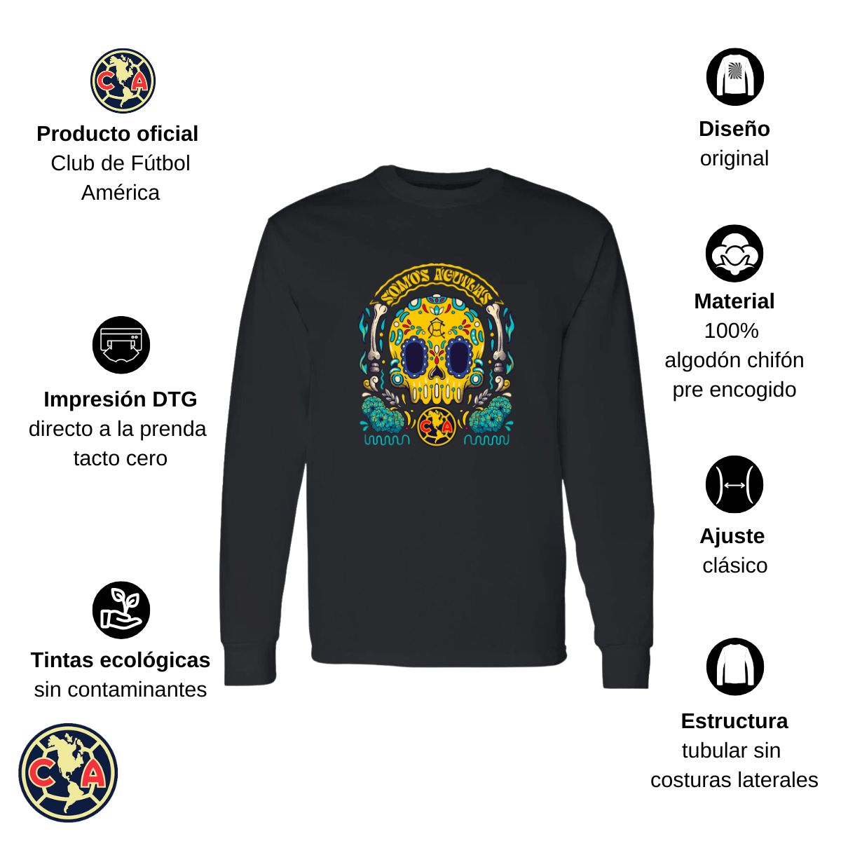 Playera Hombre América Manga Larga Día de Muertos