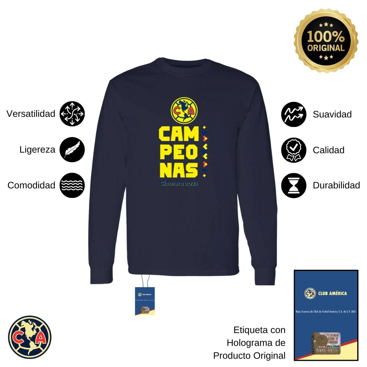 Playera Hombre América Manga Larga Campeonas Cl 2023