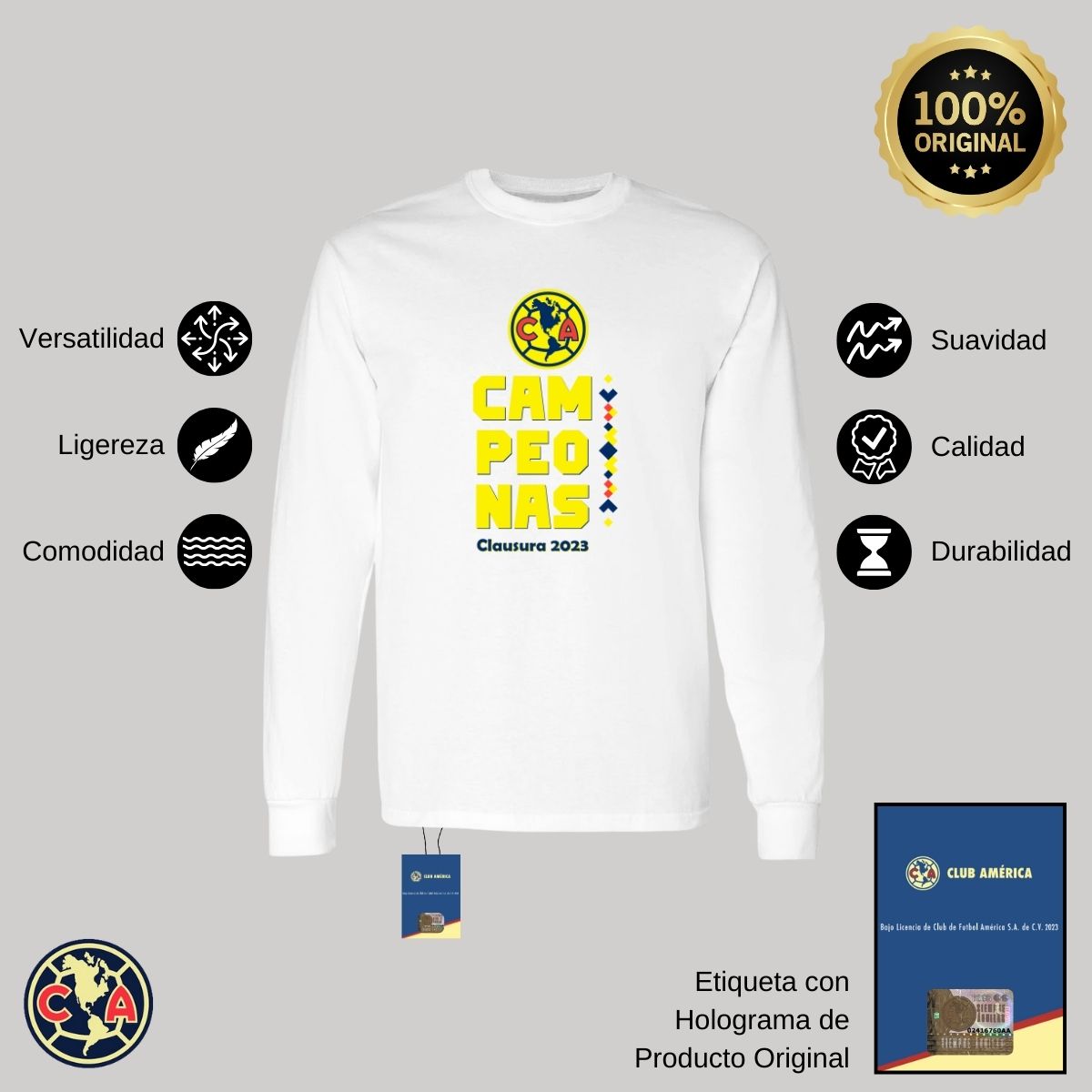 Playera Hombre América Manga Larga Campeonas Cl 2023