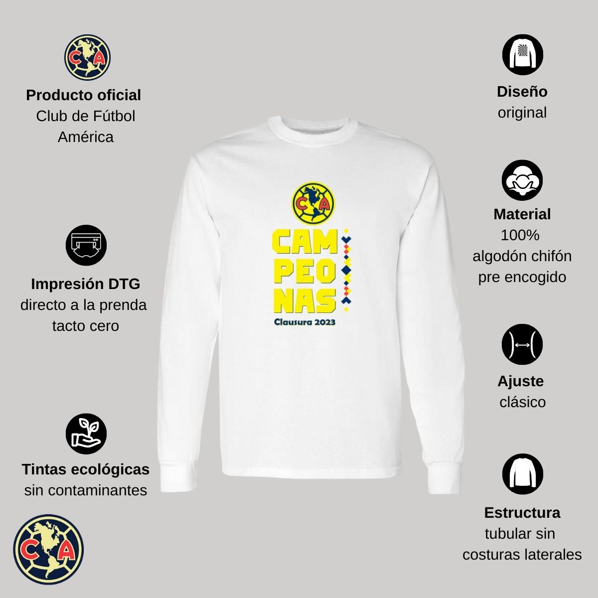 Playera Hombre América Manga Larga Campeonas Cl 2023