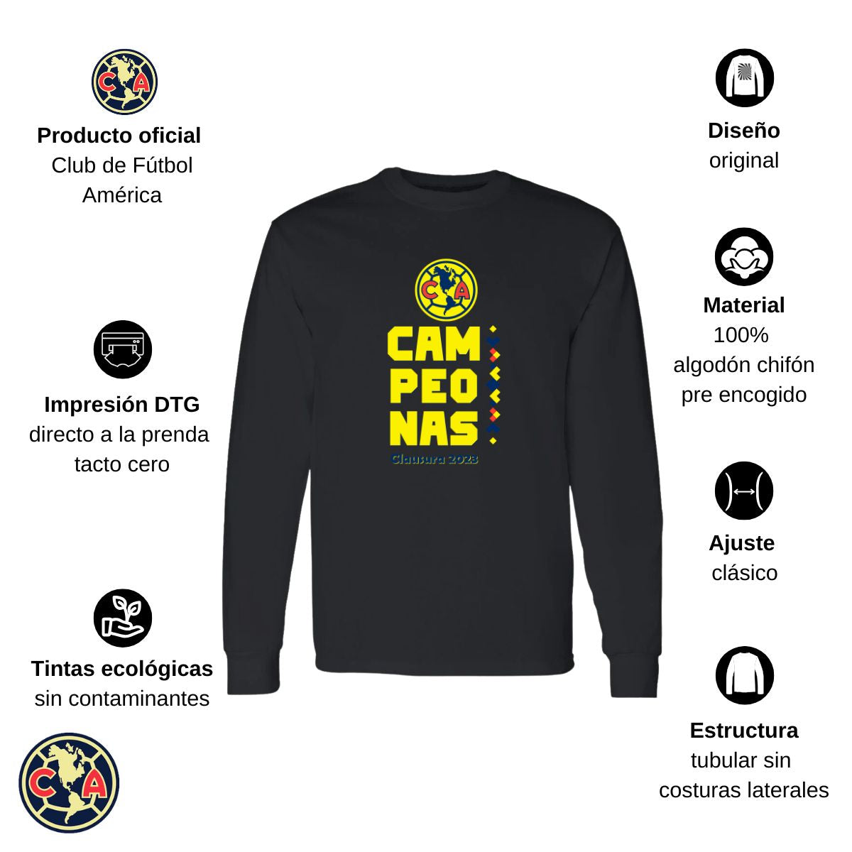 Playera Hombre América Manga Larga Campeonas Cl 2023