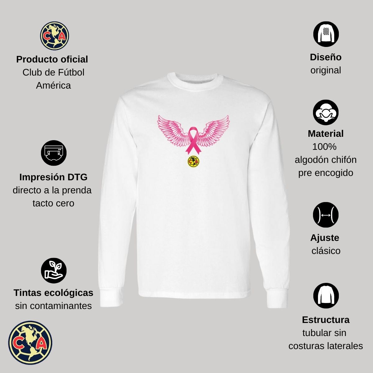 Playera Hombre América Manga Larga Vs Cáncer Mama