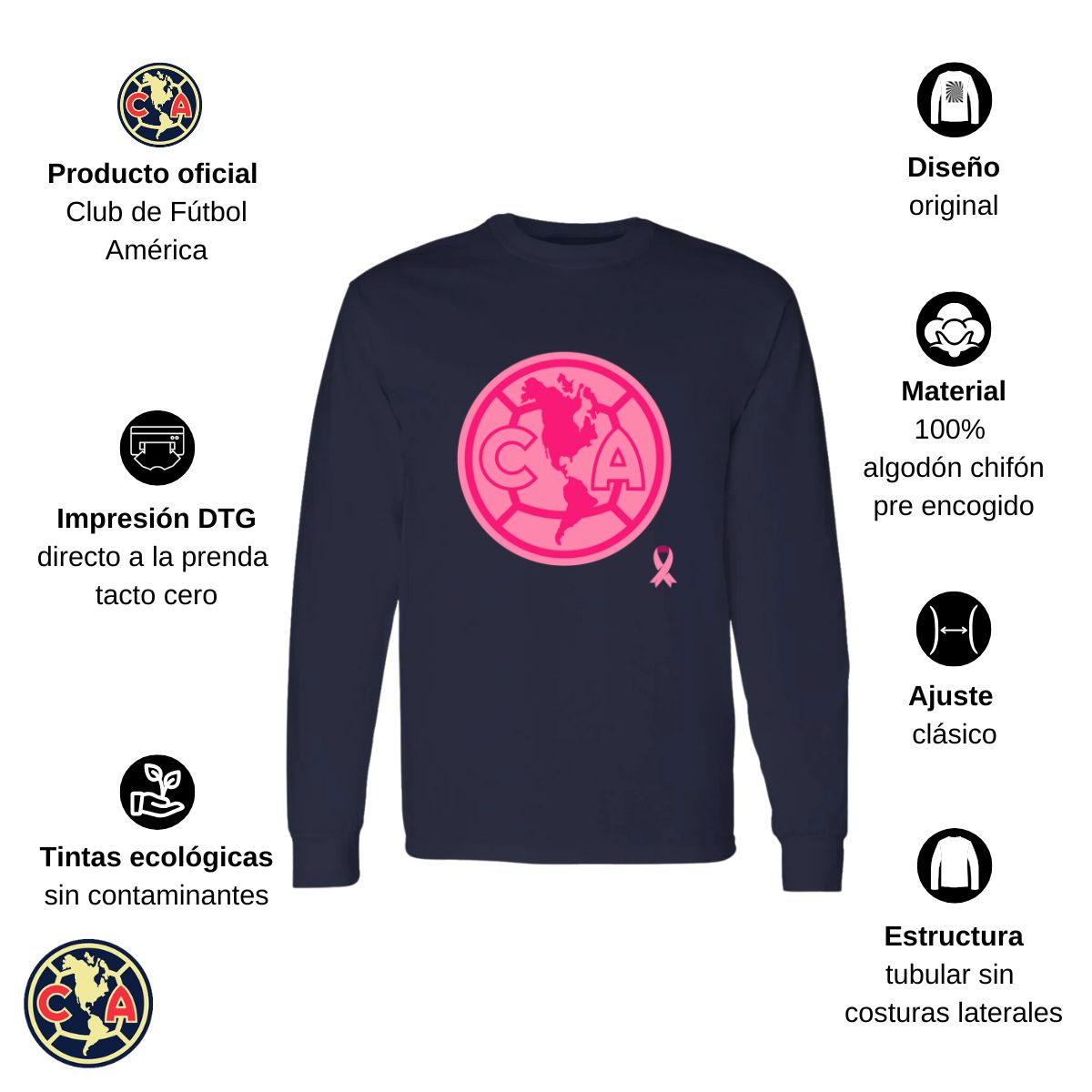 Playera Hombre América Manga Larga Logo Rosa