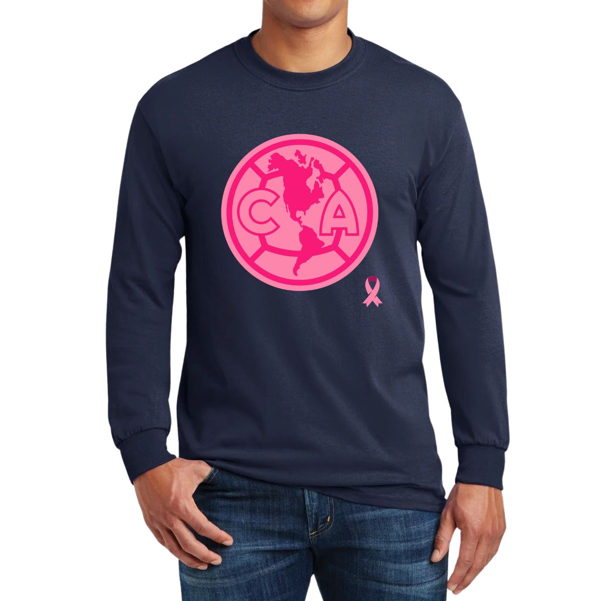 Playera Hombre América Manga Larga Logo Rosa