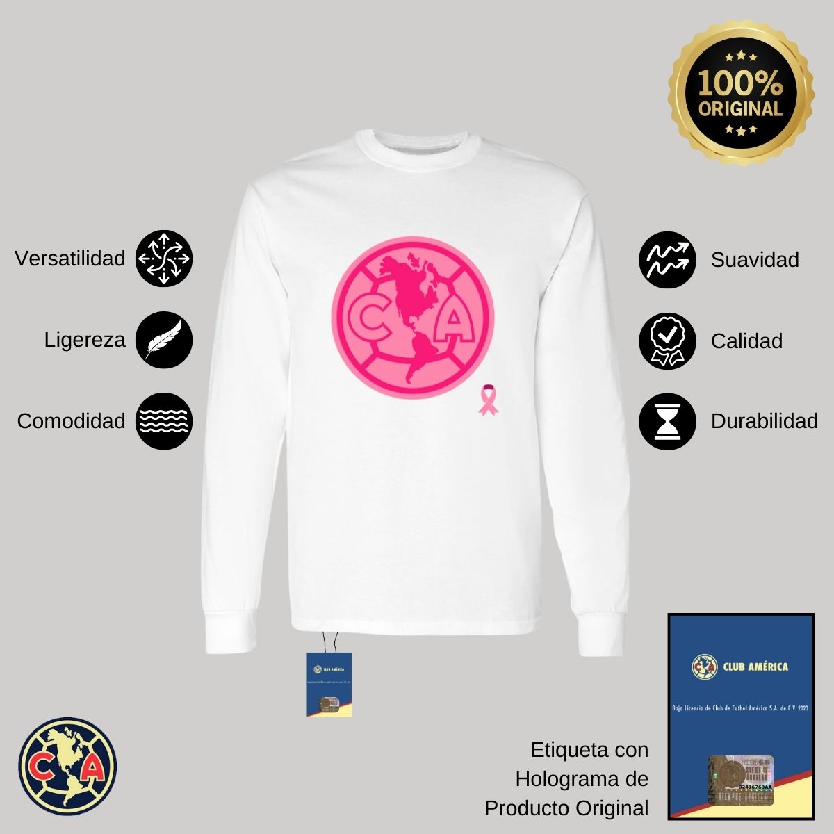 Playera Hombre América Manga Larga Logo Rosa