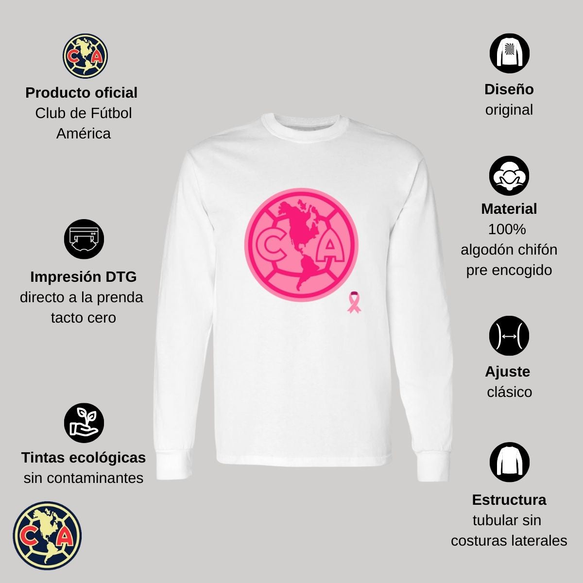 Playera Hombre América Manga Larga Logo Rosa