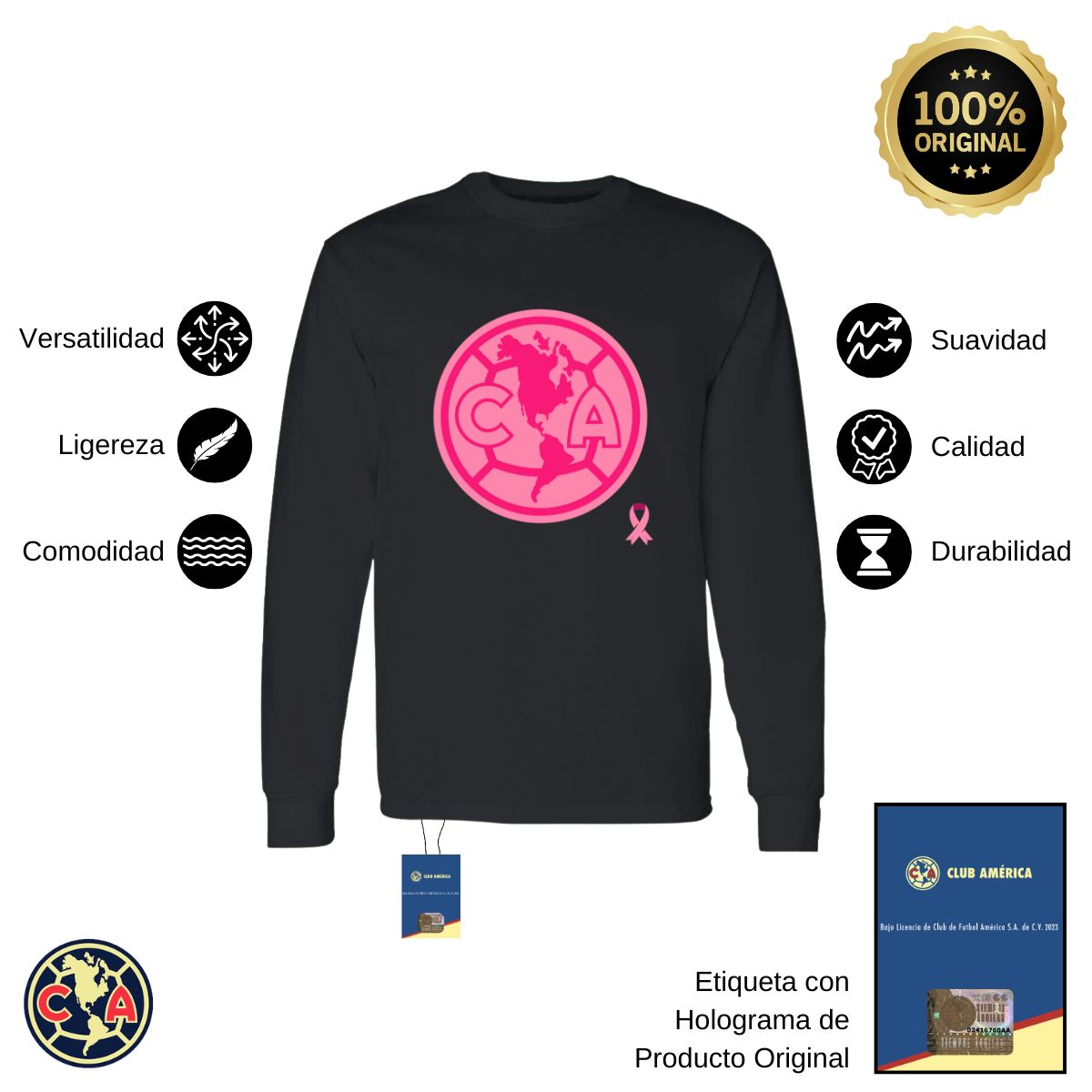 Playera Hombre América Manga Larga Logo Rosa