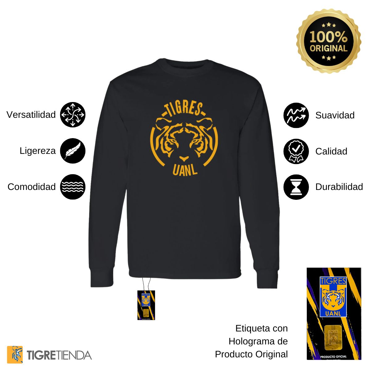 Playera Hombre Tigres UANL Manga Larga  Rostro Amarillo