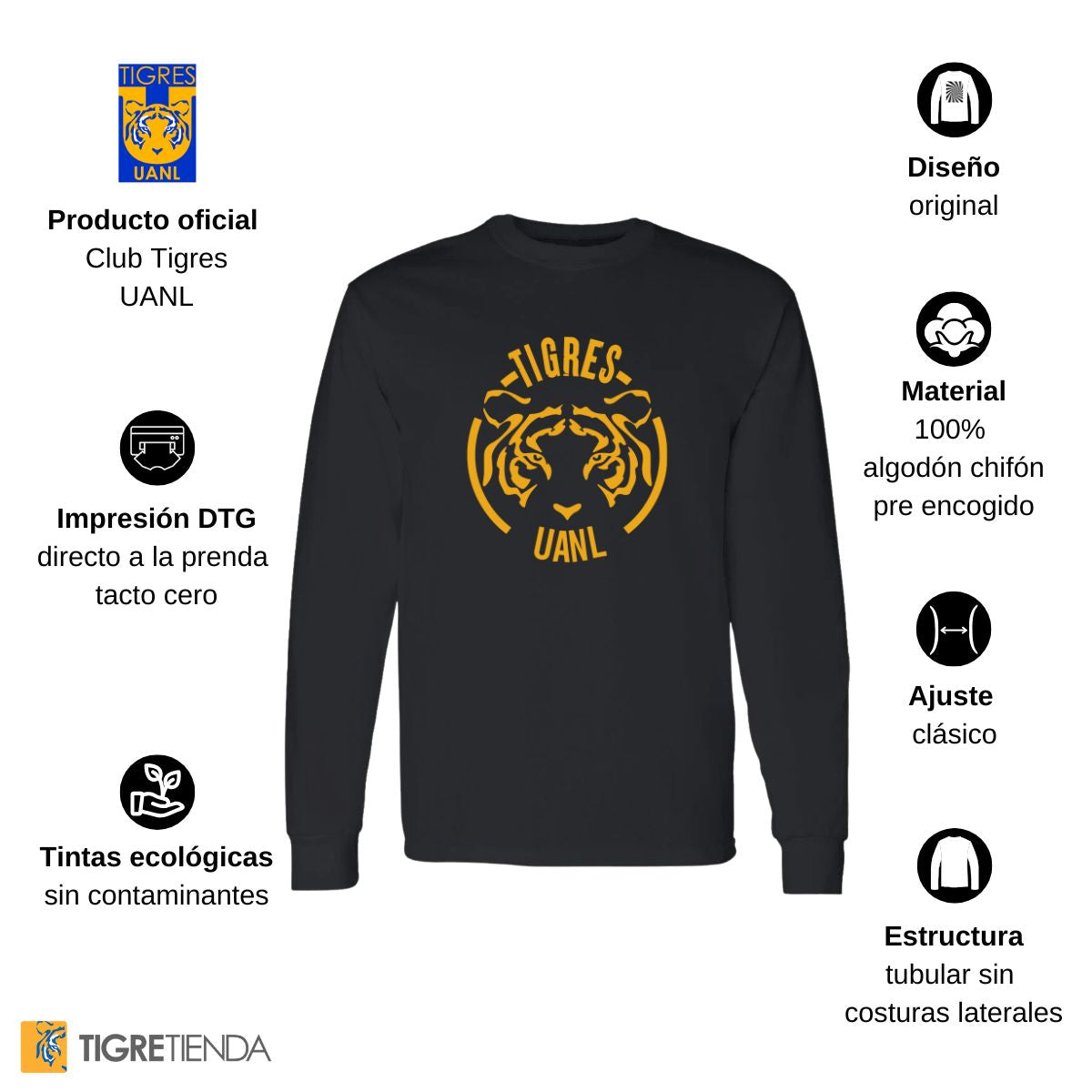 Playera Hombre Tigres UANL Manga Larga  Rostro Amarillo