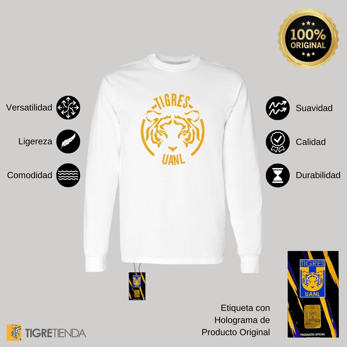 Playera Hombre Tigres UANL Manga Larga  Rostro Amarillo