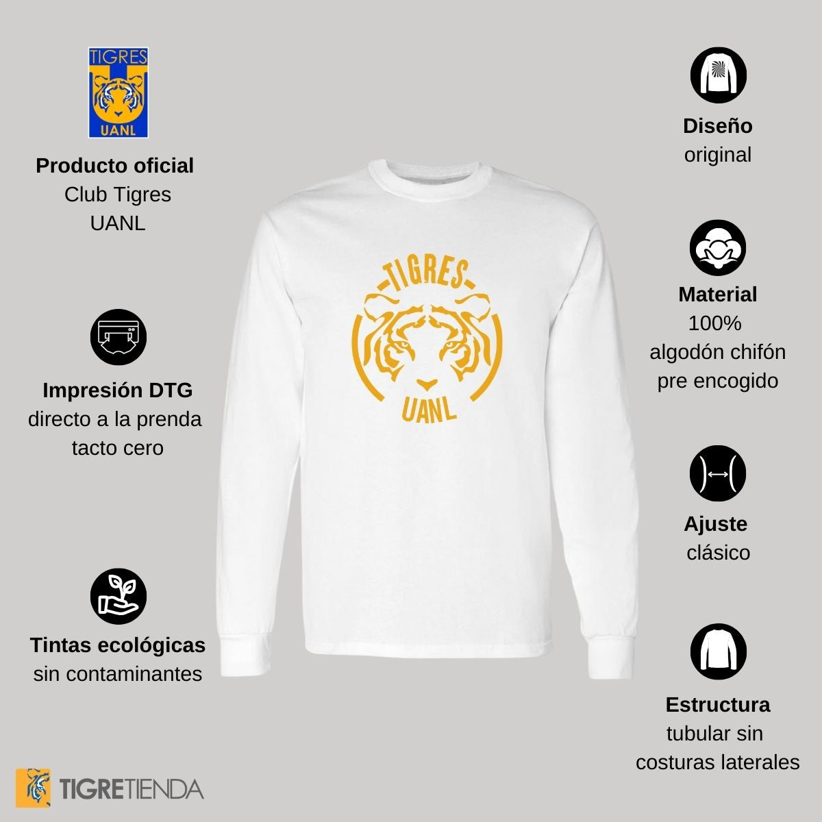 Playera Hombre Tigres UANL Manga Larga  Rostro Amarillo