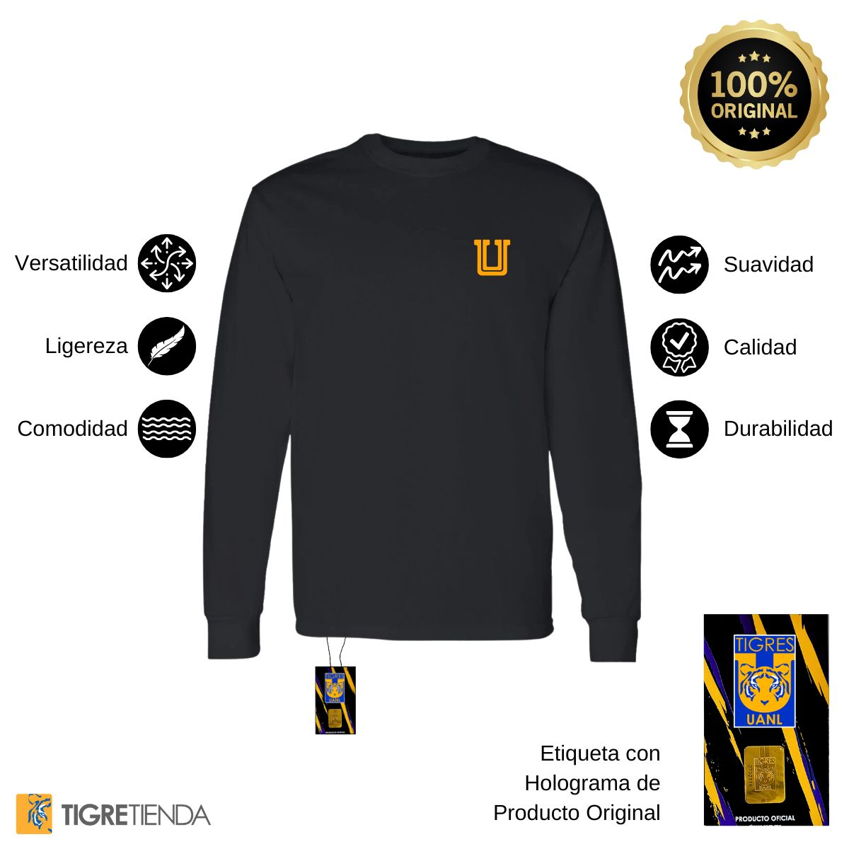 Playera Hombre Tigres UANL Manga Larga  Logo U Amarillo