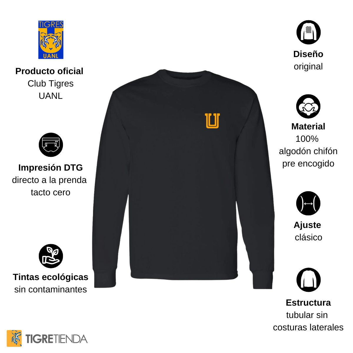 Playera Hombre Tigres UANL Manga Larga  Logo U Amarillo