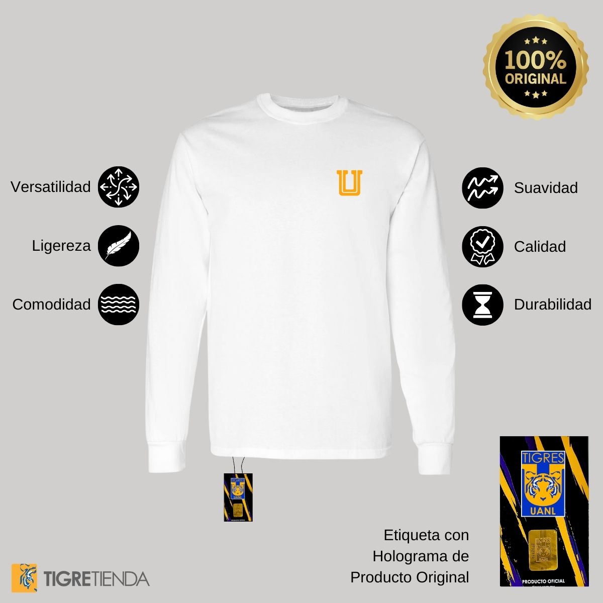 Playera Hombre Tigres UANL Manga Larga  Logo U Amarillo