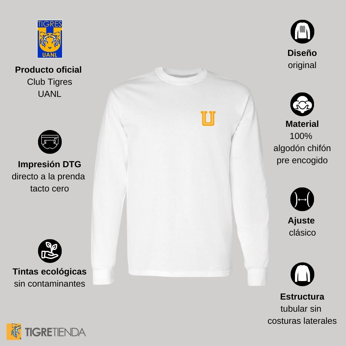 Playera Hombre Tigres UANL Manga Larga  Logo U Amarillo