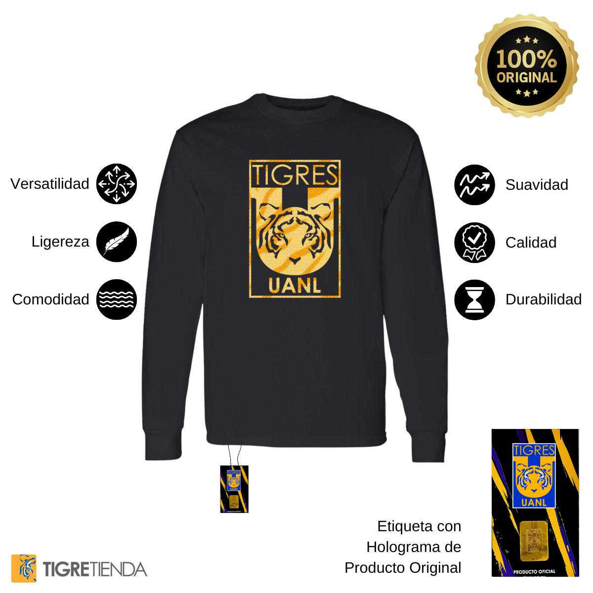 Playera Hombre Tigres UANL Manga Larga  Escudo