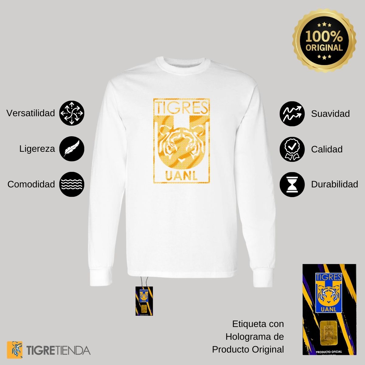 Playera Hombre Tigres UANL Manga Larga  Escudo