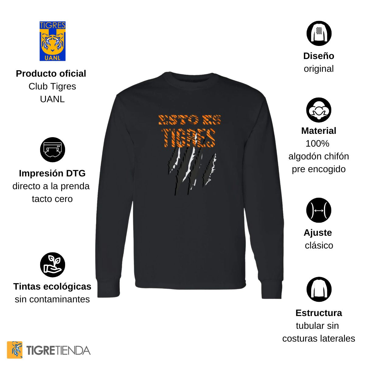 Playera Hombre Tigres UANL Manga Larga Esto es Tigres Zarpazo