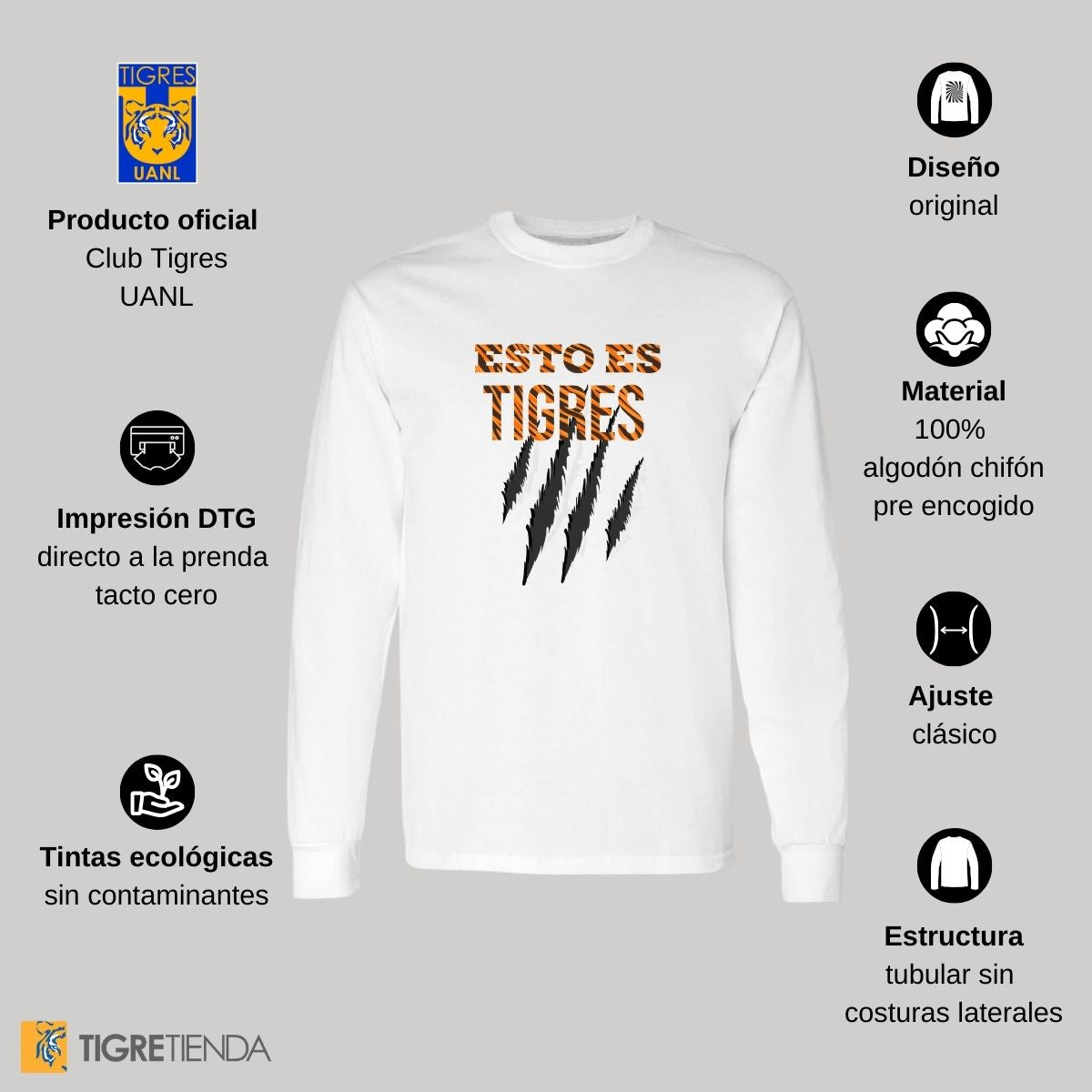 Playera Hombre Tigres UANL Manga Larga Esto es Tigres Zarpazo