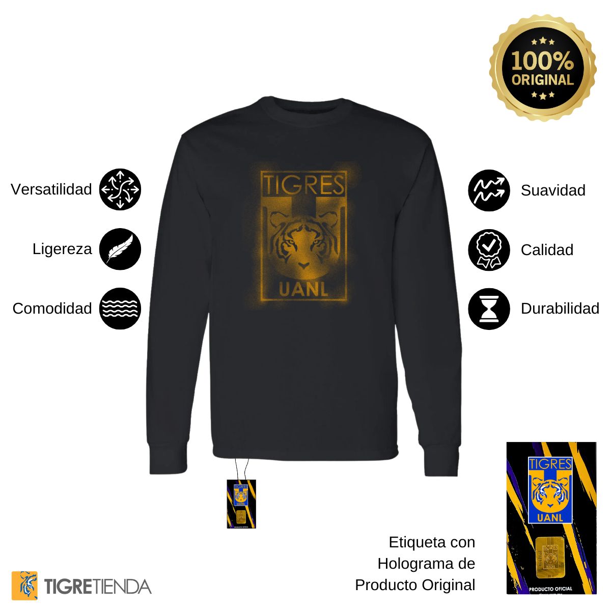 Playera Hombre Tigres UANL Manga Larga Escudo difuminado