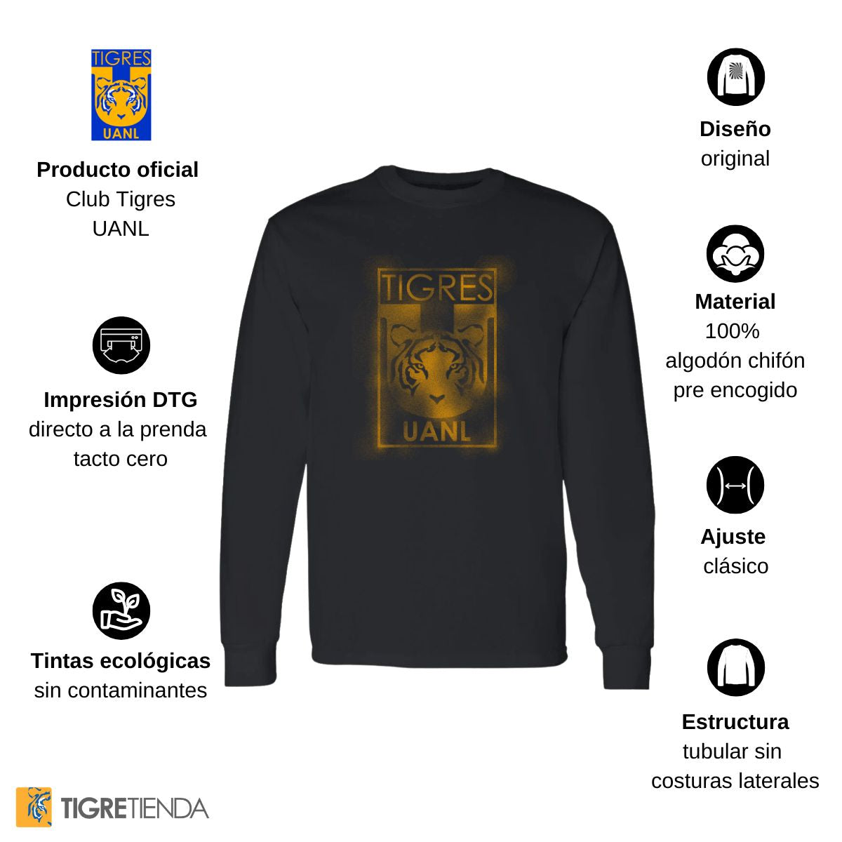 Playera Hombre Tigres UANL Manga Larga Escudo difuminado