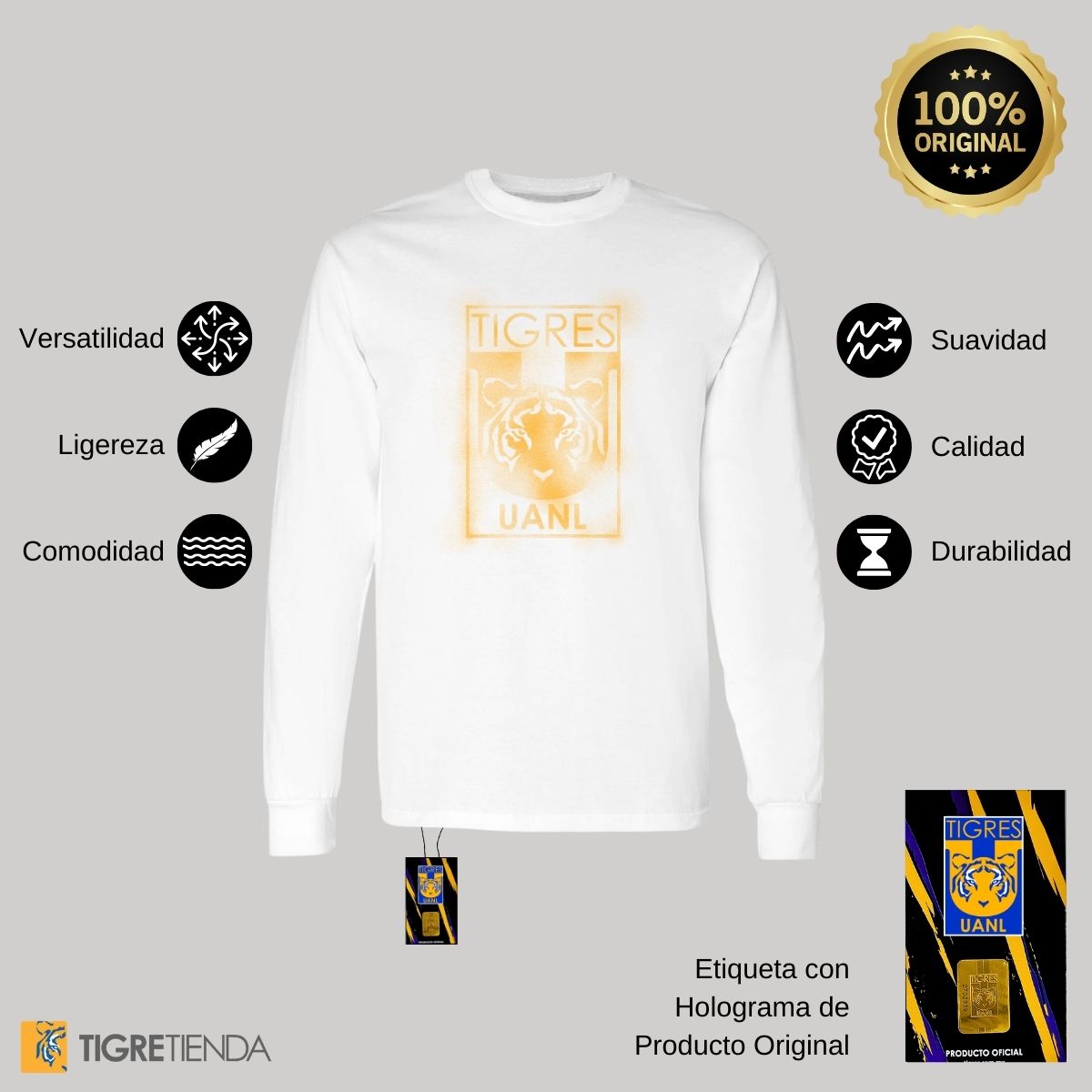 Playera Hombre Tigres UANL Manga Larga Escudo difuminado