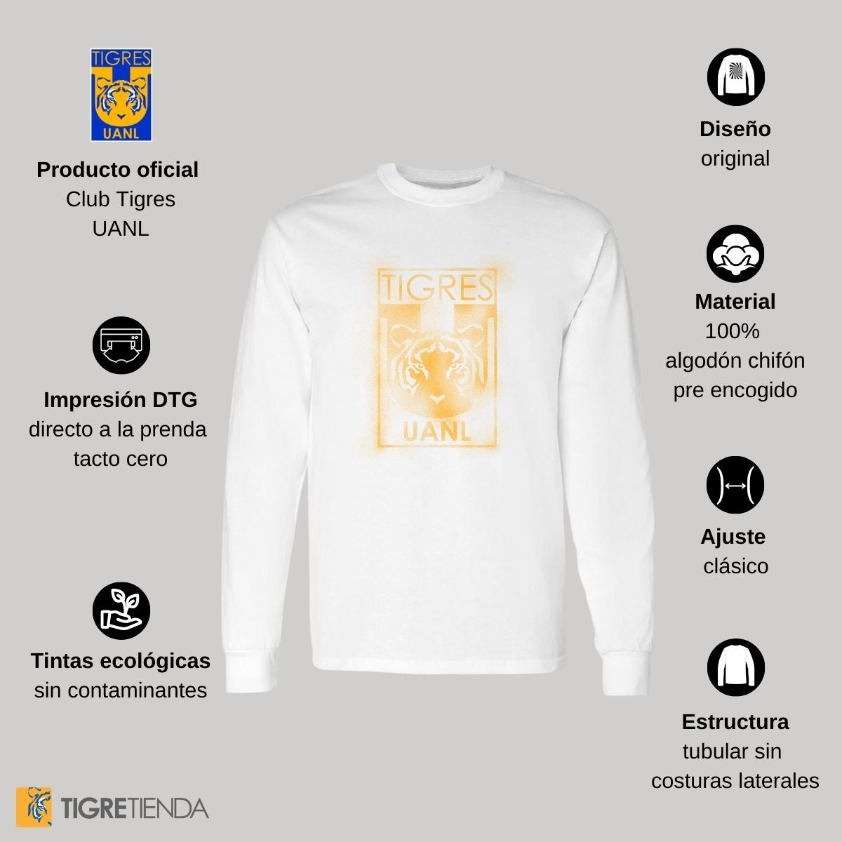 Playera Hombre Tigres UANL Manga Larga Escudo difuminado