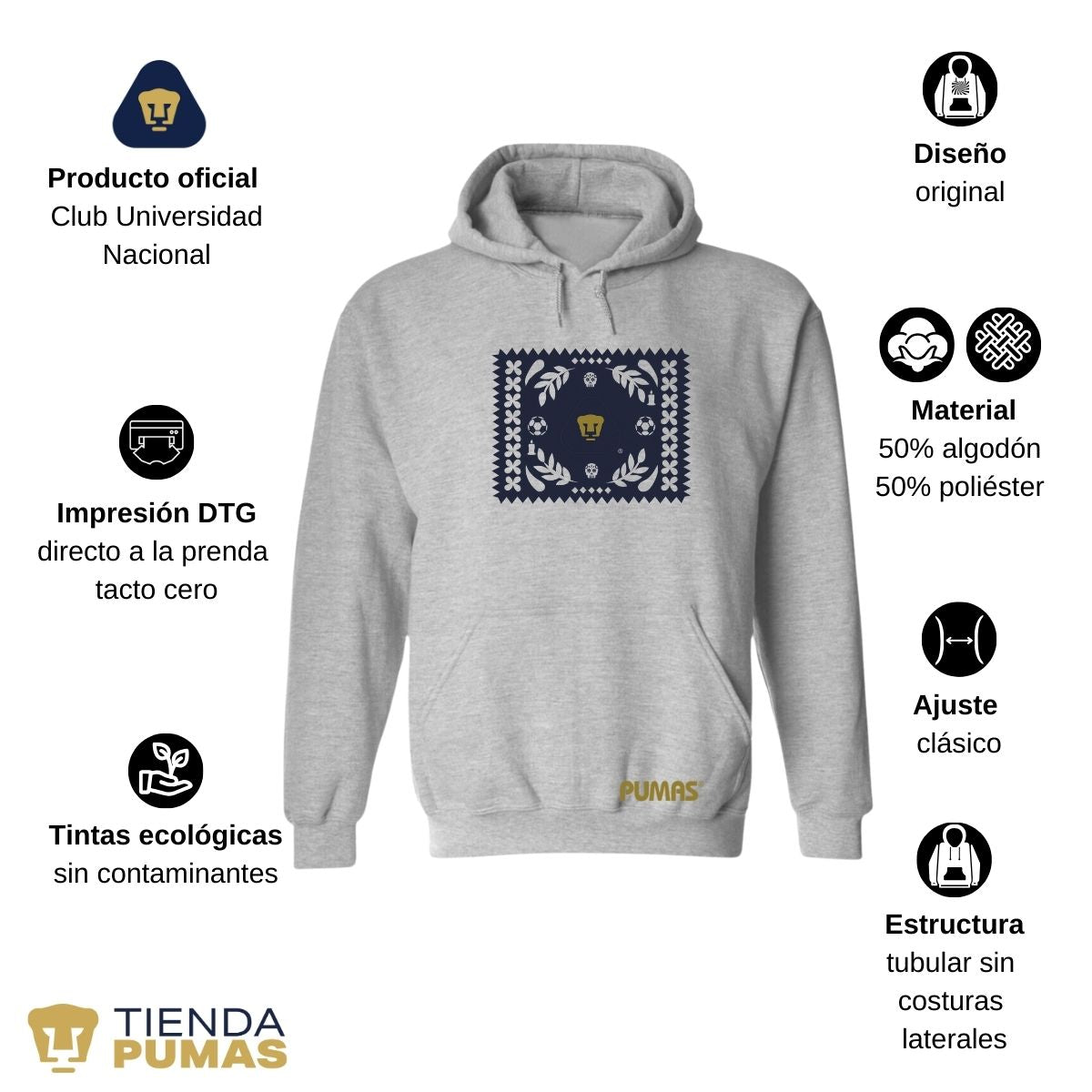 Sudadera Hombre Hoodie Pumas UNAM Día de Muertos Papel