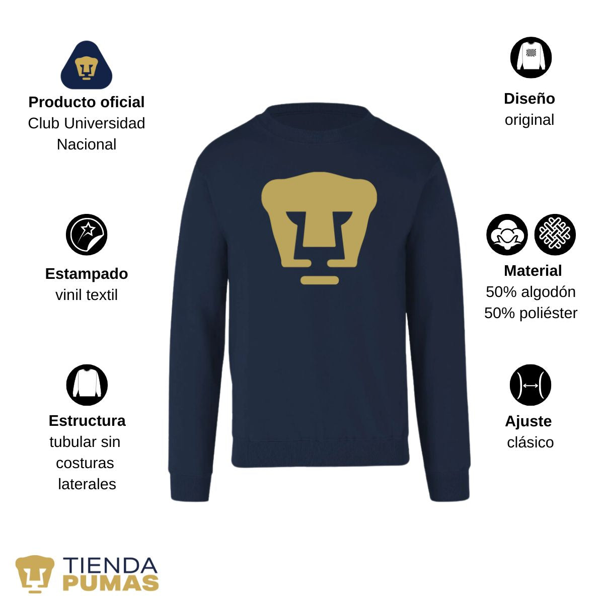 Sudadera Hombre Pumas UNAM Logo Vinil Dorado