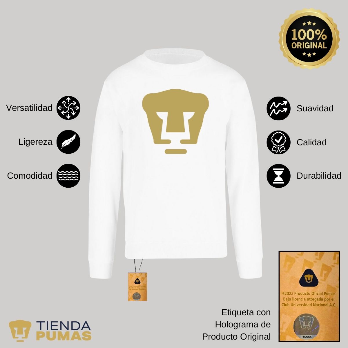 Sudadera Hombre Pumas UNAM Logo Vinil Dorado