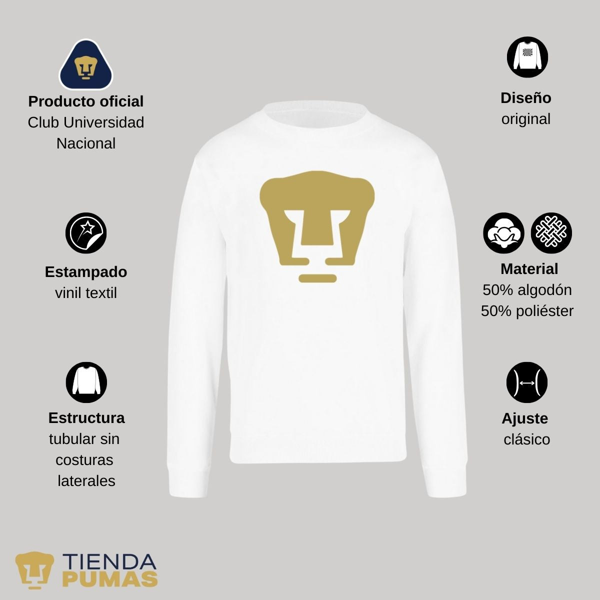 Sudadera Hombre Pumas UNAM Logo Vinil Dorado