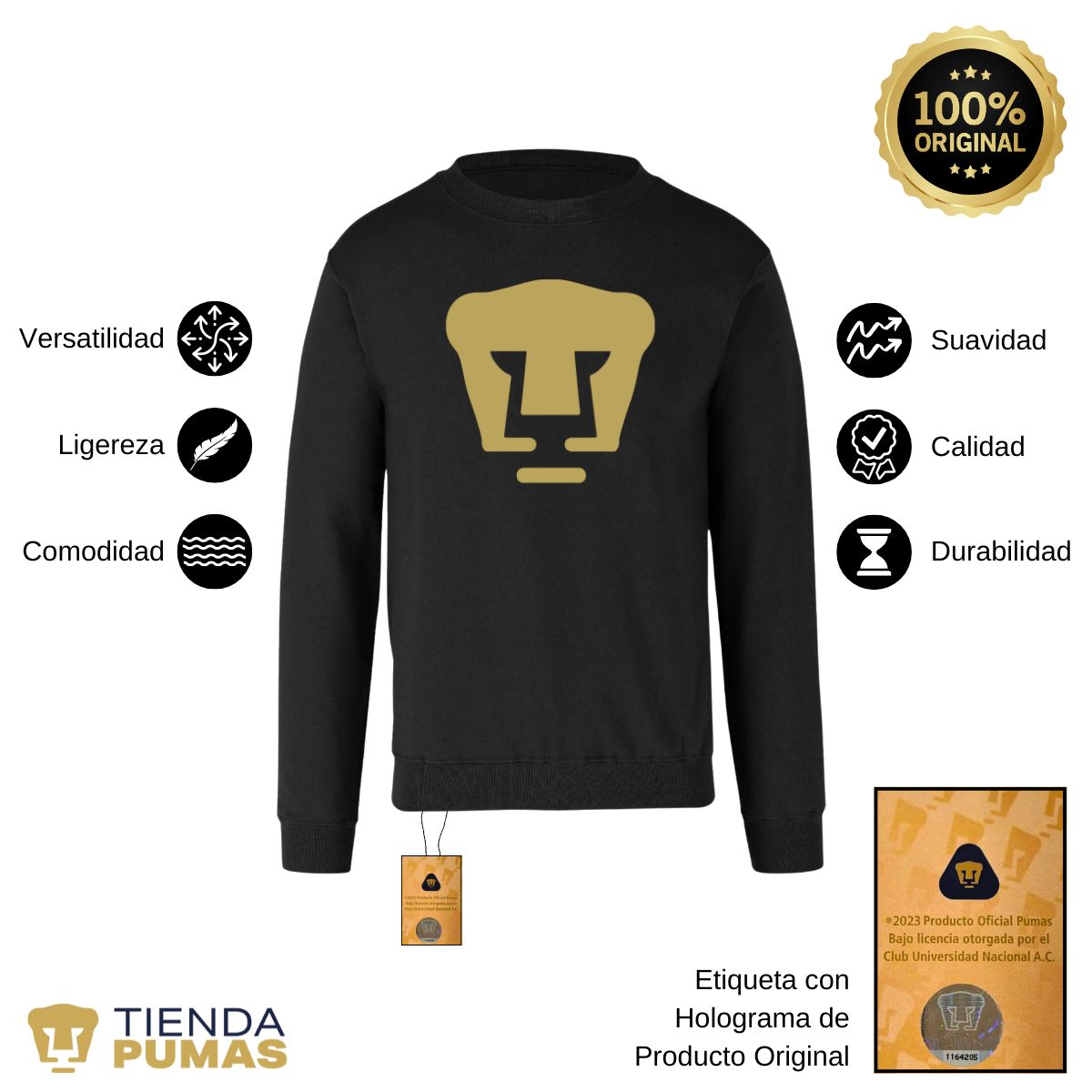 Sudadera Hombre Pumas UNAM Logo Vinil Dorado