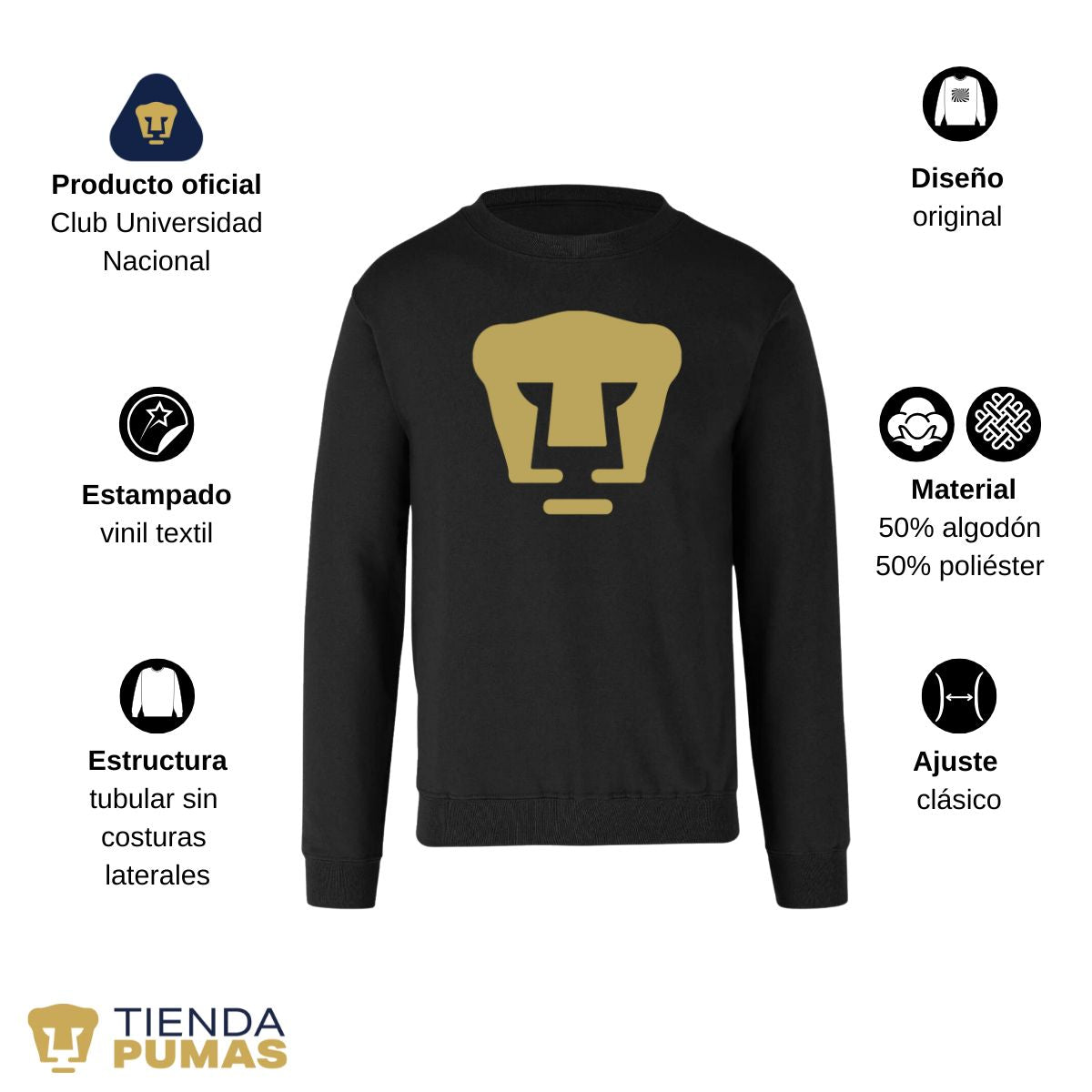 Sudadera Hombre Pumas UNAM Logo Vinil Dorado