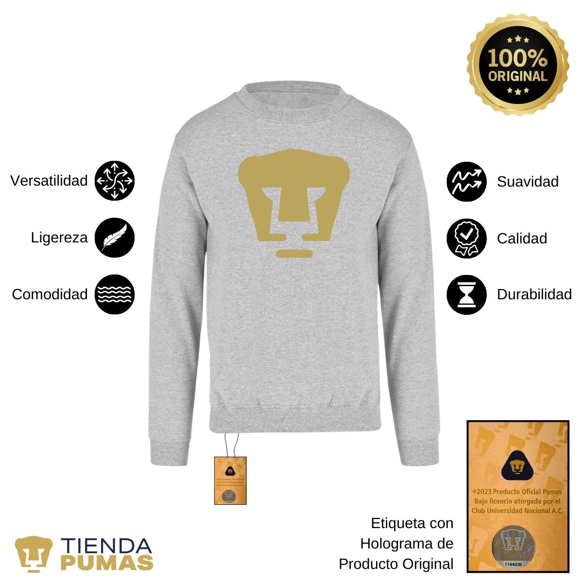 Sudadera Hombre Pumas UNAM Logo Vinil Dorado