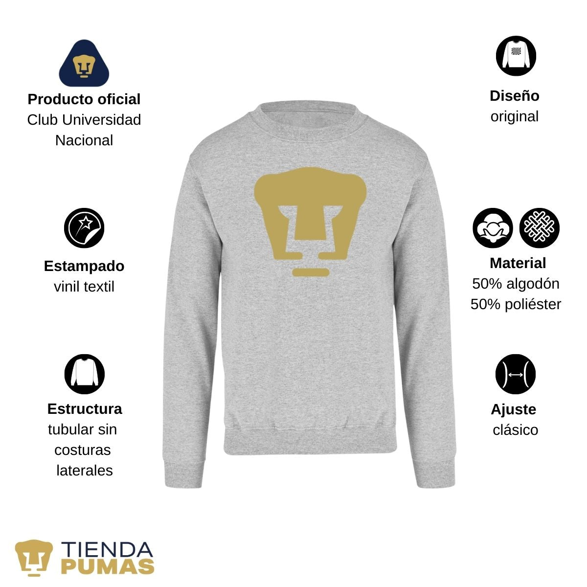 Sudadera Hombre Pumas UNAM Logo Vinil Dorado