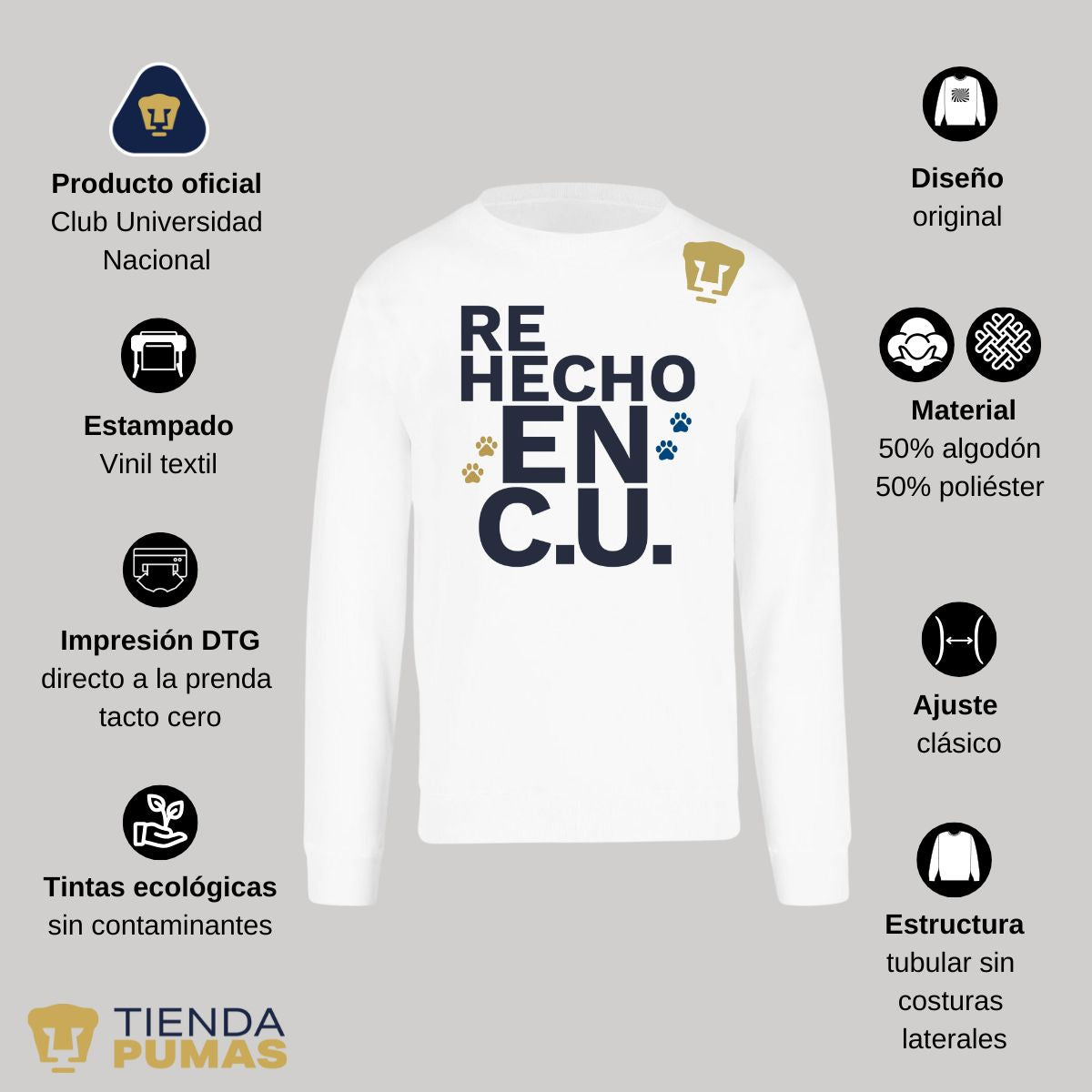 Sudadera Hombre Pumas UNAM Re Hecho en C.U. DTG-Vinil