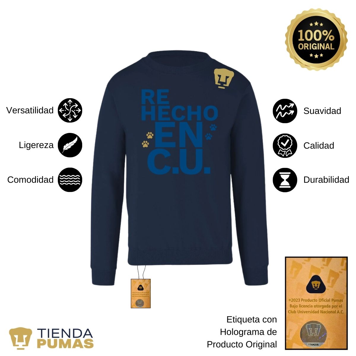 Sudadera Hombre Pumas UNAM Re Hecho en C.U. DTG-Vinil