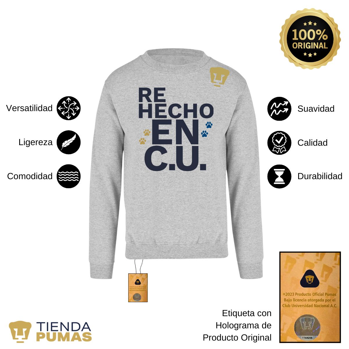 Sudadera Hombre Pumas UNAM Re Hecho en C.U. DTG-Vinil