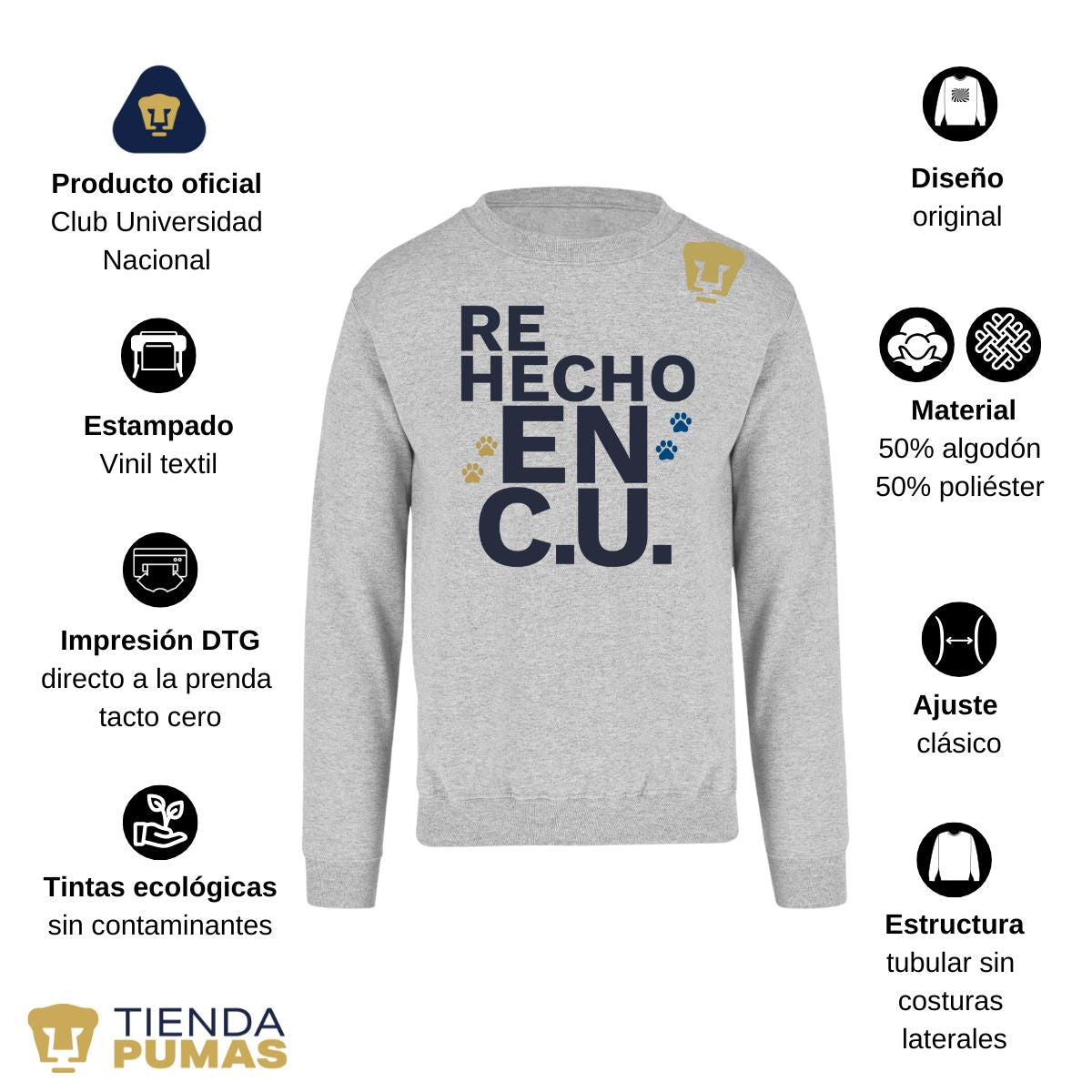 Sudadera Hombre Pumas UNAM Re Hecho en C.U. DTG-Vinil